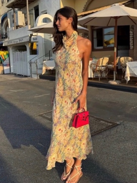 Zara Dresses & Skirts - ZARA ZW Collection Floral Halter Maxi Dress Open Back Yellow NWT M